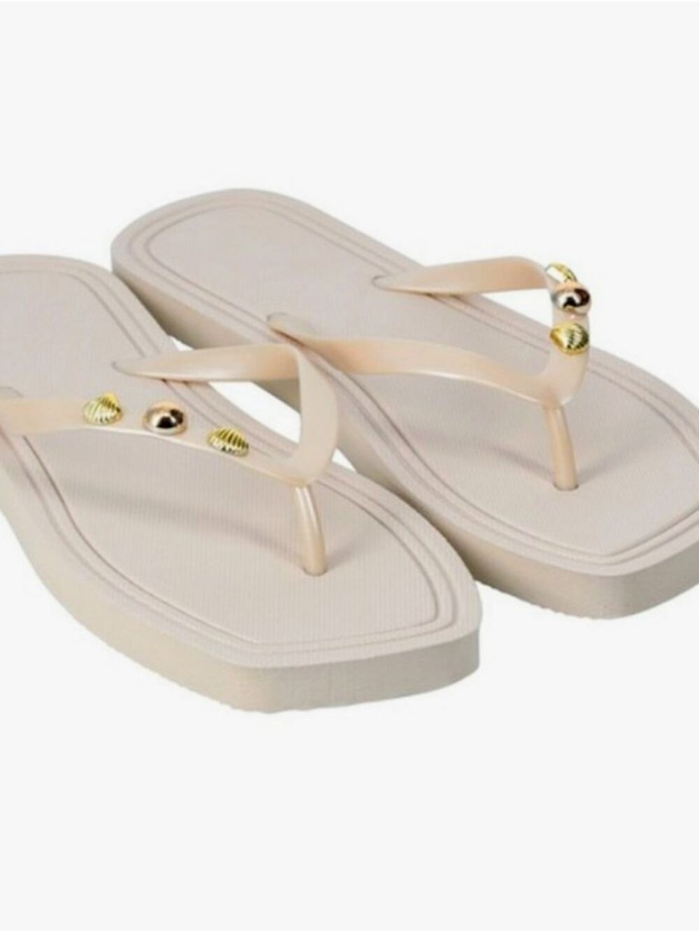 Gold Sea Shells And Stud Accents On Pearl White Flip Flop Sandals - Picture 2 of 3